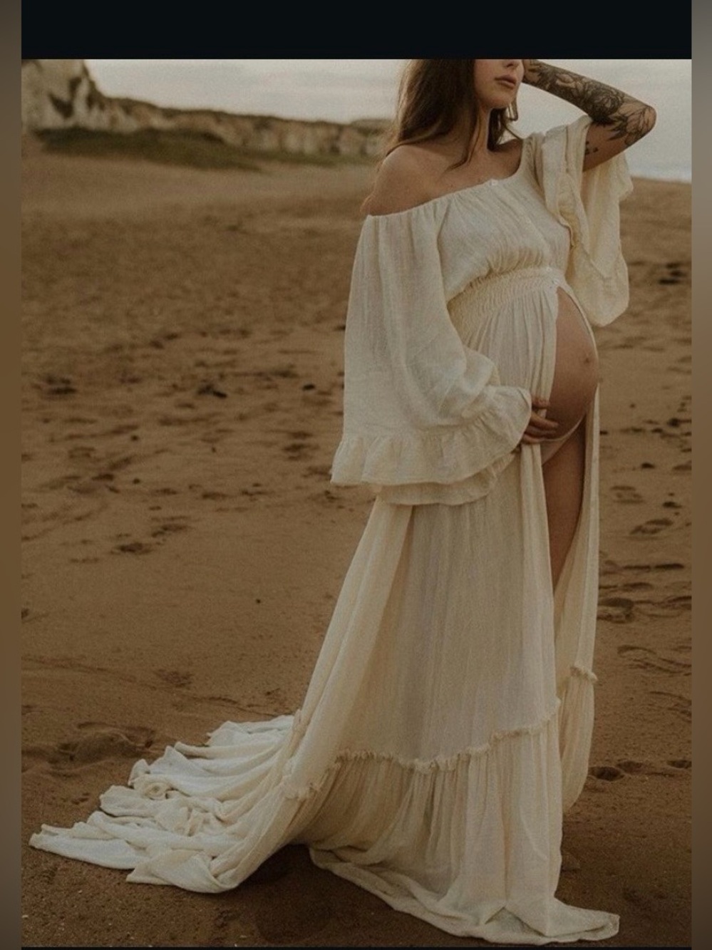 Lukalula Maternity Ruffled Off Shoulder Cream Button Split Photoshoot Dress M